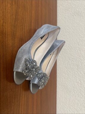Alex Marie Silver Shimmer Peep-Toe Heels with Crystal Flower